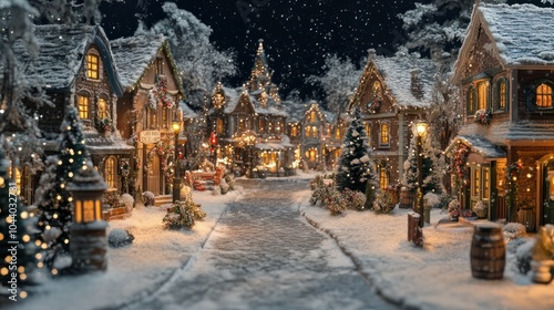 Enchanting Snowy Christmas Village Scene with Festive Lights and Bustling Town Square