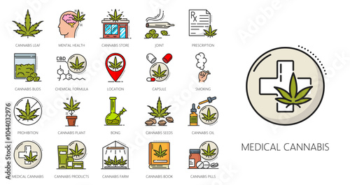 Medical cannabis color line icons, cbd and marijuana, weed extract, hemp plant, seeds, pills and oil. Vector outline green leaves and buds of cannabis or marijuana, prescription, bong and joint signs