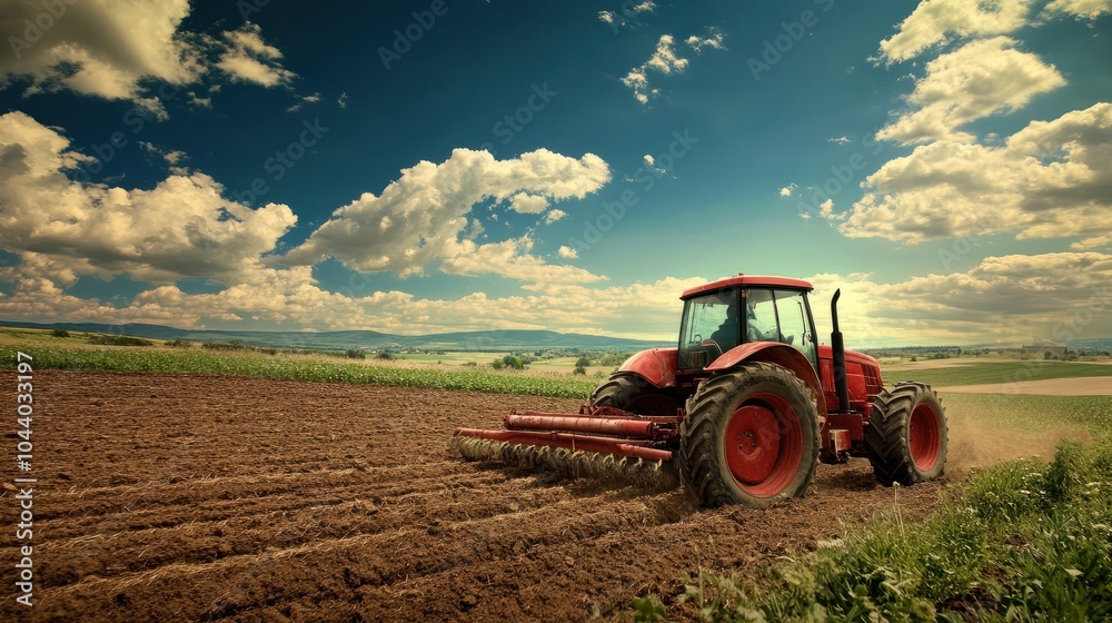 Farmer driving red tractor plowing cultivated field under blue sky Farmer driving red tractor plowing cultivated field under blue sky