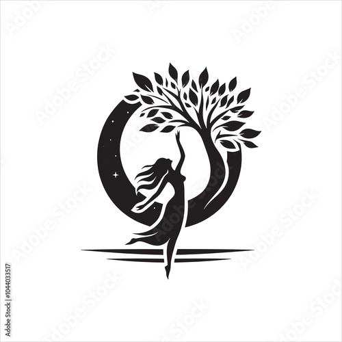 Woman dancing around tree silhouette vector with nature and beauty elements for magical scene