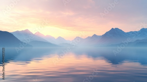 A serene landscape with a mountain range reflected in a still lake under a misty sunset sky.