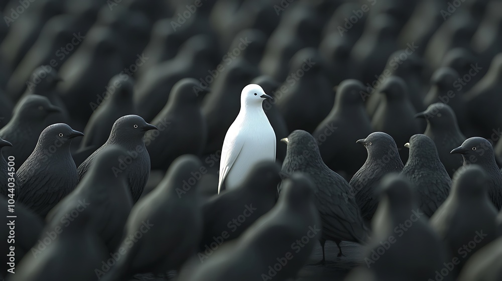 Obraz premium White bird standing confidently, unmatched by crowd of colorful birds image