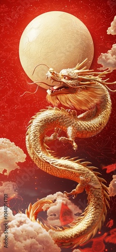 A magnificent golden dragon elegantly flies through the sky with a luminous sun in the background, exuding power and grace against vivid red clouds.