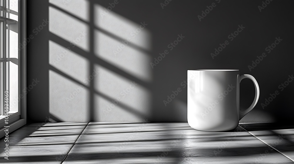 A white mug on a windowsill with sunlight streaming in. A white mug on a windowsill with sunlight streaming in.