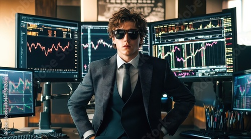 Confident businessman in sunglasses stands before multiple trading screens, showcasing a modern finance workspace. photo