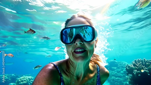 Snorkeler underwater blowing bubbles, looking up at sunlight. video