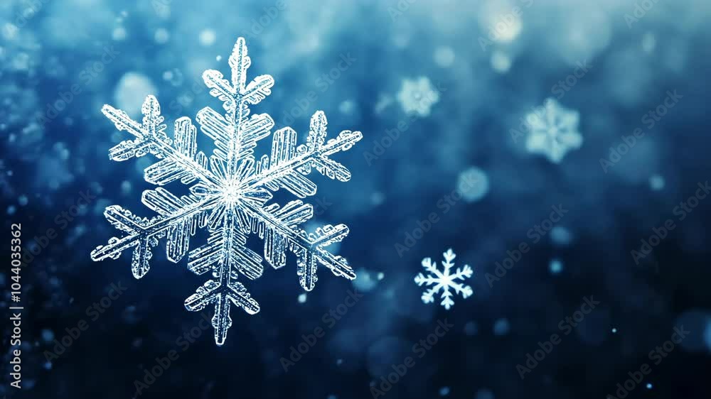 A large snowflake falls against a backdrop of a blue sky with other, smaller snowflakes A large snowflake falls against a backdrop of a blue sky with other, smaller snowflakes