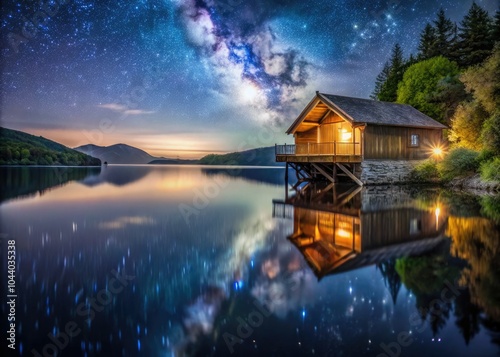 Night photography captures Pooley Bridge Boat House on Ullswater Lake, showcasing serene reflections against a backdrop of a starry sky. A tranquil evening scene unfolds beautifully. photo