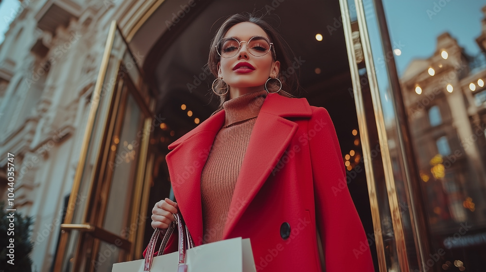 A stylish woman in a vibrant red coat steps out of a luxury store, holding shopping bags. Her confident stride and elegant outfit embody sophistication and high-end fashion in an urban setting.