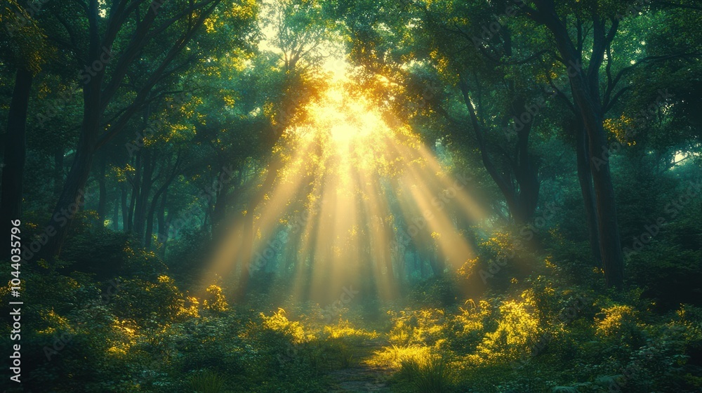 Sunbeams Breaking Through Lush Forest Canopy in a Tranquil Morning Scene with Greenery Sunbeams Breaking Through Lush Forest Canopy in a Tranquil Morning Scene with Greenery