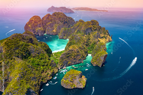 Aerial top view of tropical island Phi Phi Leh with turquoise water Maya Bay and dream beach, Krabi. Amazing travel photo of Thailand by drone photo