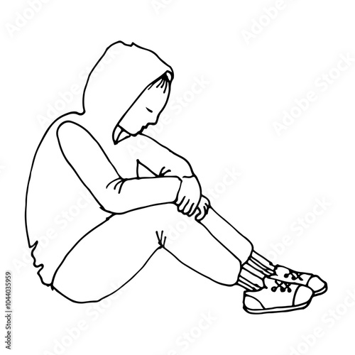 Sad person is sitting lonely. Adolescent. An unhappy, grieving human or a tense student. Mental health. Hand drawn line vector illustration.