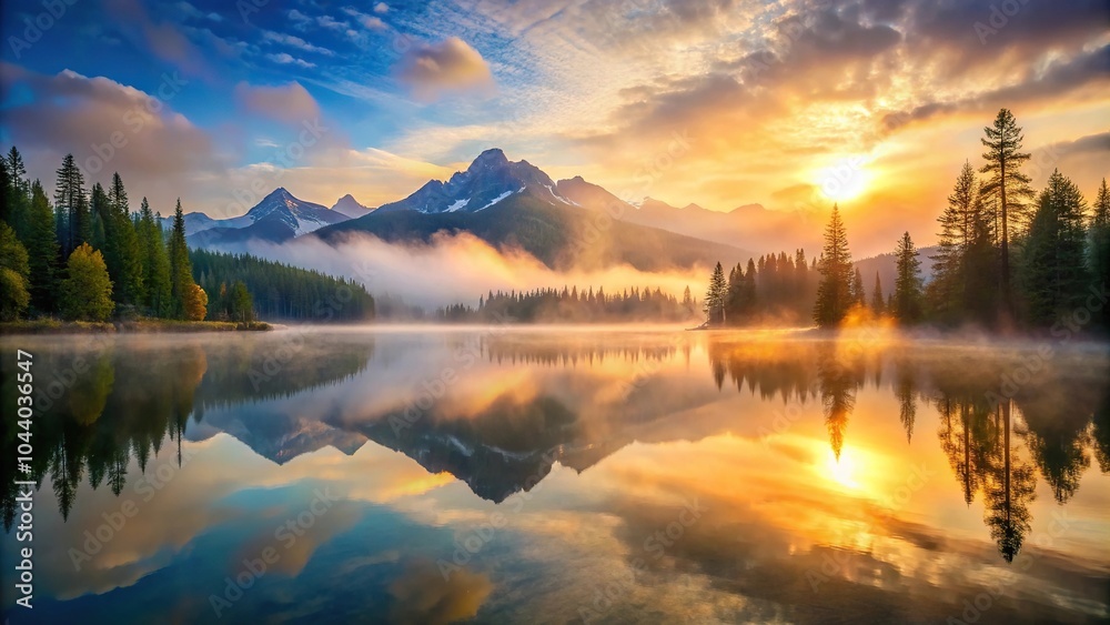 Fototapeta premium Scenic misty mountain sunrise reflections on tranquil lake