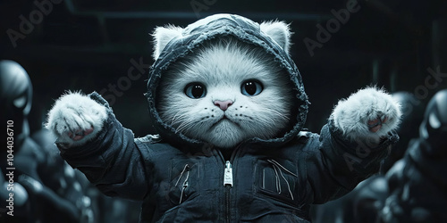 Banner of fluffy white kitten character with big eyes wearing black hoodie jacket with futuristic elements on dark background image photo