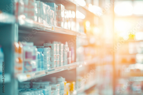Abstract image of a showcase with medicines, cosmetics in a pharmacy