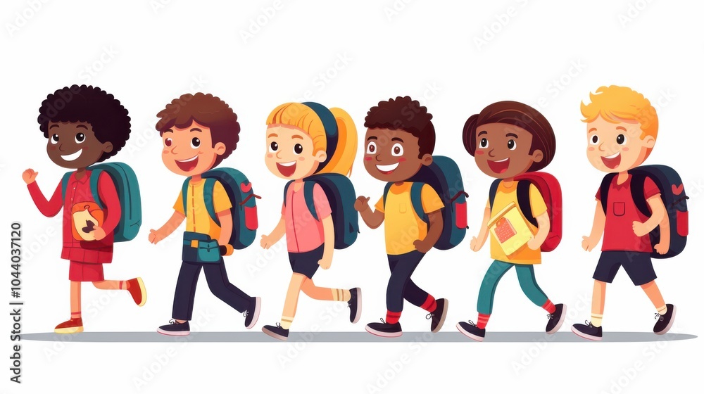 A cheerful group of children, wearing backpacks, walks excitedly towards school, symbolizing youthful energy and the pursuit of learning. A cheerful group of children, wearing backpacks, walks excitedly towards school, symbolizing youthful energy and the pursuit of learning.
