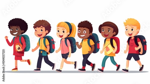 A cheerful group of children, wearing backpacks, walks excitedly towards school, symbolizing youthful energy and the pursuit of learning.