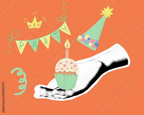 Vector collage with halftone hand holding birthday cupcake with candle and bonnet on orange background. Mix media composition with flat textured illustrations