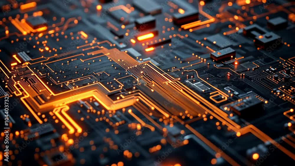 A close-up view of a circuit board with glowing orange lines, showing the complex pathways of electricity