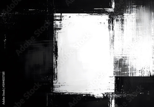 Abstract black and white background design with a grungy texture, and a dark gray gradient with square elements. Digital illustration of space for product presentation in the style design