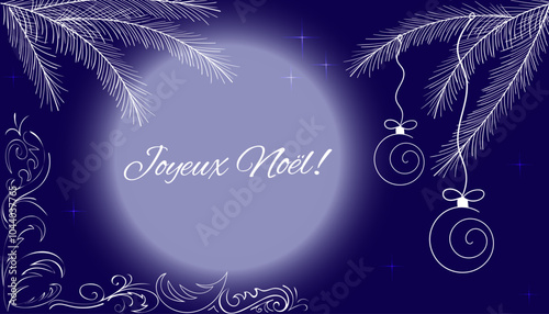 "Winter blue background with a blue moon shining in the night sky, spruce branches decorated with Christmas balls and delicate white outlines. The French inscription 'Joyeux Noël' with elegant winter 