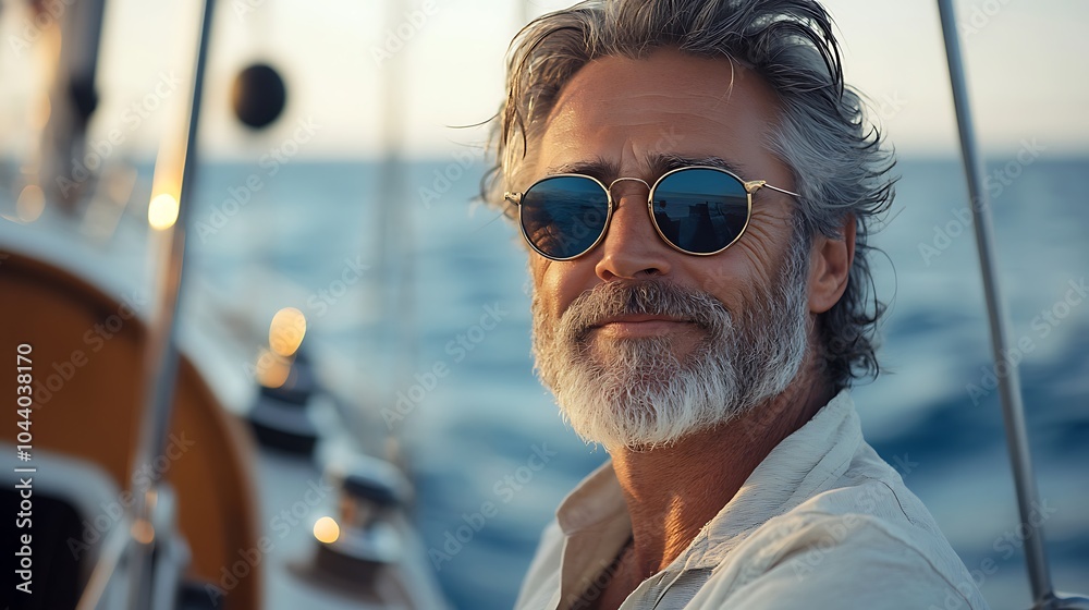 A mature man with a beard and sunglasses smiles while sitting on a boat in the open ocean. A mature man with a beard and sunglasses smiles while sitting on a boat in the open ocean.