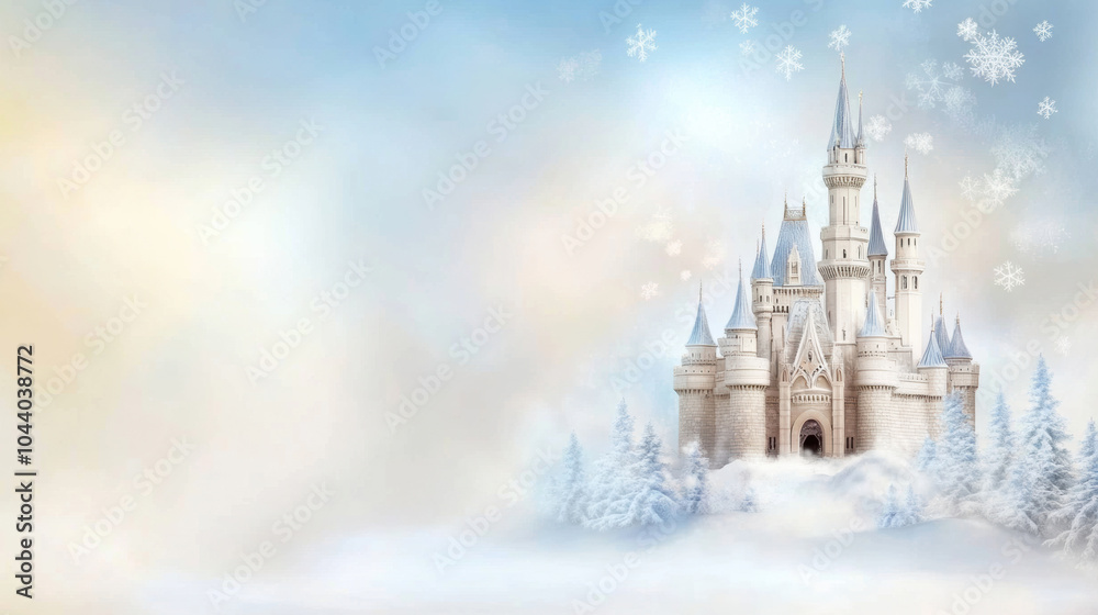 Majestic castle surrounded by a winter wonderland with falling snowflakes, AI Majestic castle surrounded by a winter wonderland with falling snowflakes, AI