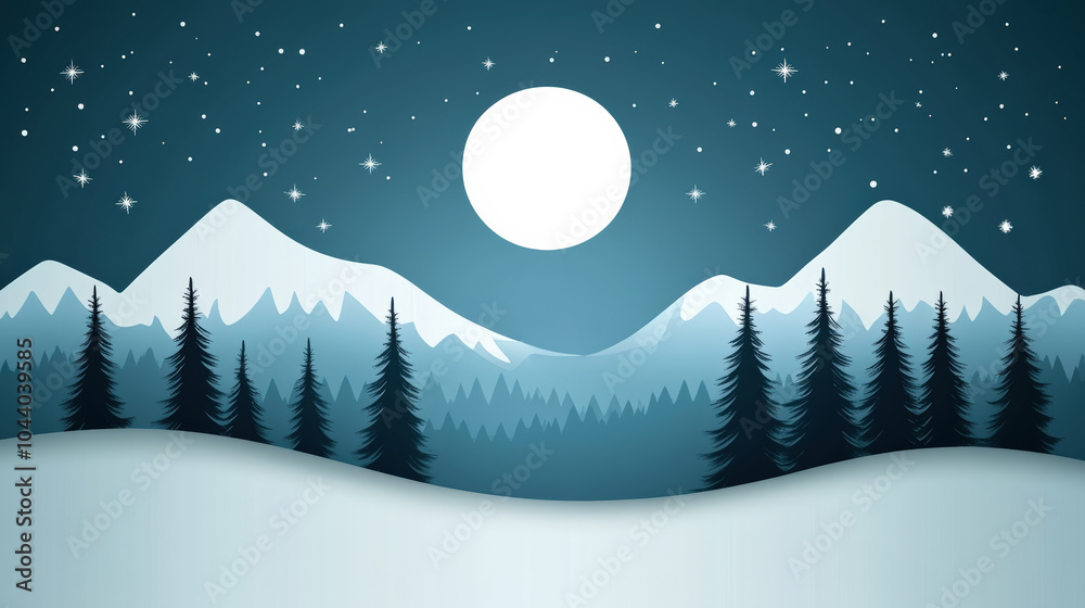 Fototapeta premium serene winter landscape featuring snow covered mountains, tall evergreen trees, and bright full moon illuminating night sky filled with stars