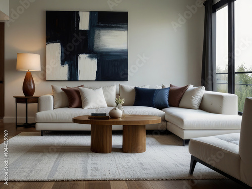 Unique Modern living room interior featuring cozy, plush white sofas a wooden side table with decorative items, and minimalist decor. The space is enhanced by a large abstract painting and a soft rug	