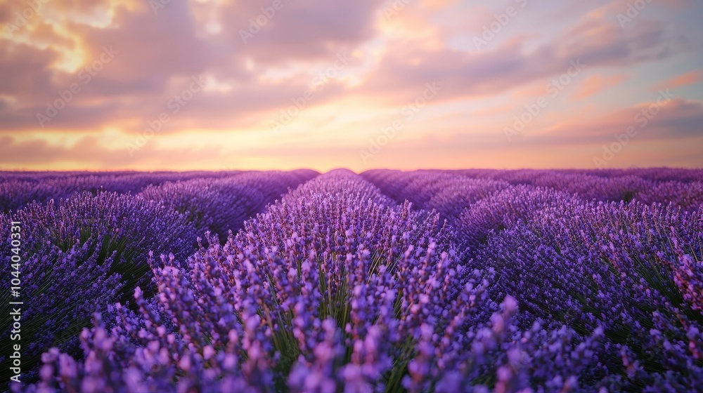 Lavender fields at sunset with vibrant sky Lavender fields at sunset with vibrant sky