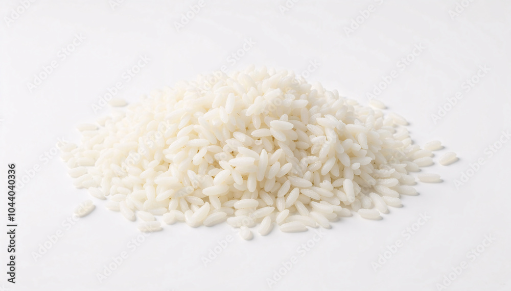 Heap of raw white rice, minimalistic mood, displayed on a bright white background with copy space Heap of raw white rice, minimalistic mood, displayed on a bright white background with copy space