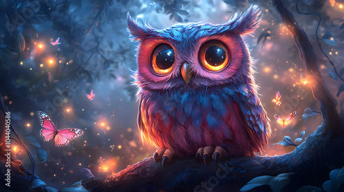 Energetic and Colorful Pink Owl Cartoon for Children in a Magical Sparkling Forest Setting