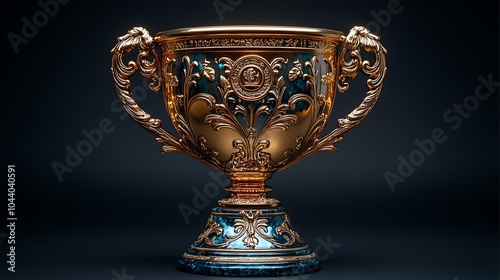 Golden trophy with intricate designs on a dark background.