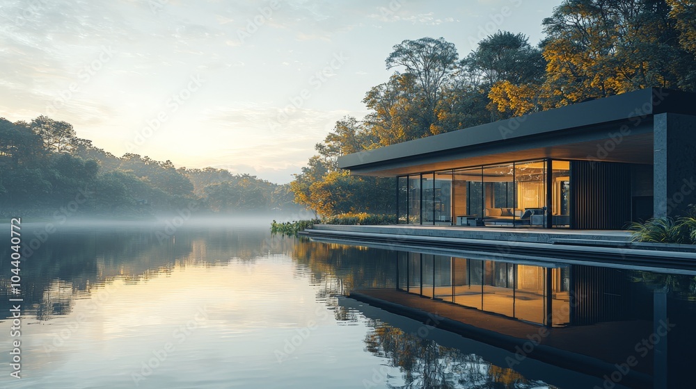 Fototapeta premium Modern lakeside house at sunrise with reflection