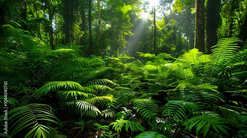 Lush Tropical Forest Landscape with Vibrant Foliage and Sunlit Undergrowth
