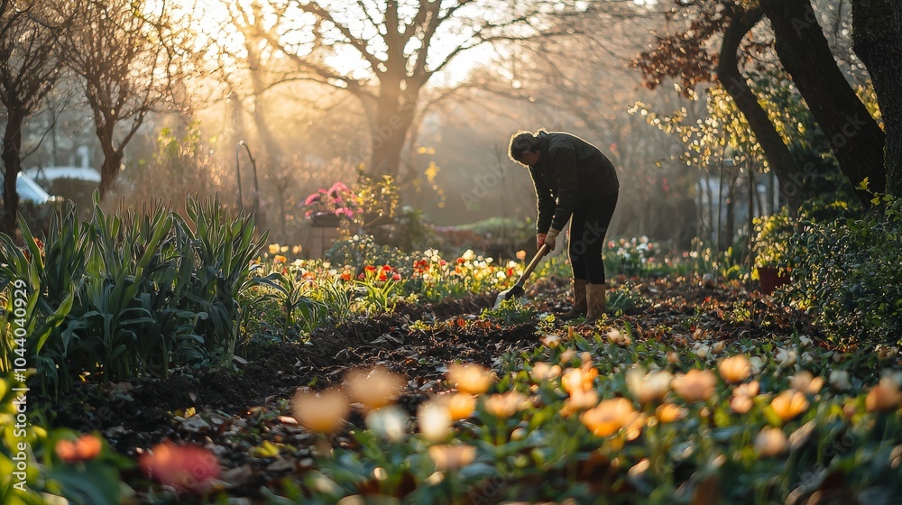 Naklejka premium Gardener working in sunlit garden during early morning