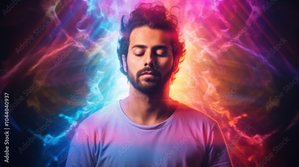 A serene man meditates, enveloped in a radiant aura of vivid colors, suggesting a deep sense of spirituality, calm, and inner peace. A serene man meditates, enveloped in a radiant aura of vivid colors, suggesting a deep sense of spirituality, calm, and inner peace.