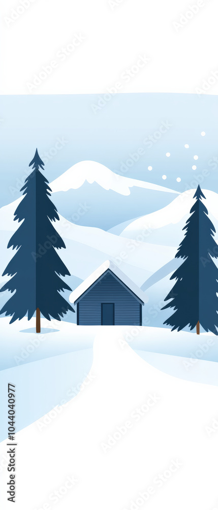 Fototapeta premium serene winter landscape featuring cozy blue cabin surrounded by tall evergreen trees and snow covered mountains in background. scene evokes warmth and tranquility