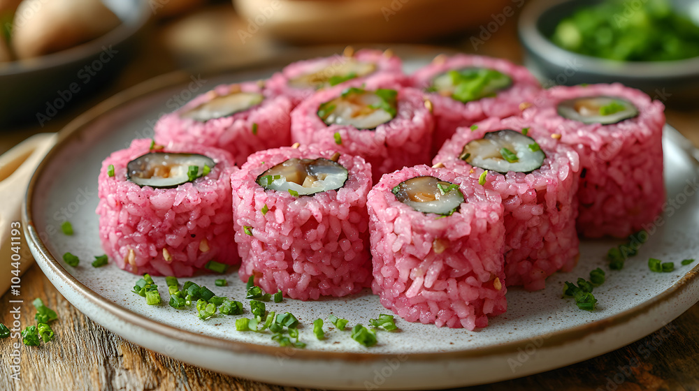 A Stunning Display of Culinary Art with Vibrant Purple-Red Rice and Fresh Shiitake Mushrooms on a White Plate A Stunning Display of Culinary Art with Vibrant Purple-Red Rice and Fresh Shiitake Mushrooms on a White Plate