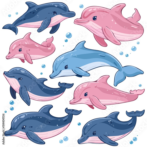 Vector illustration set of cartoon dolphins, isolated on a white background, cartoon dolphin wallpaper photo