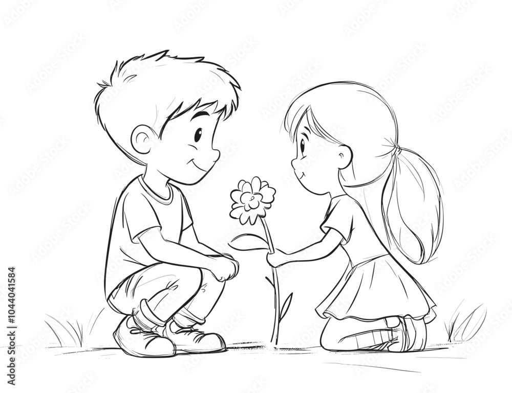 vector simple drawing boy gives girl flower .Generative AI vector simple drawing boy gives girl flower .Generative AI