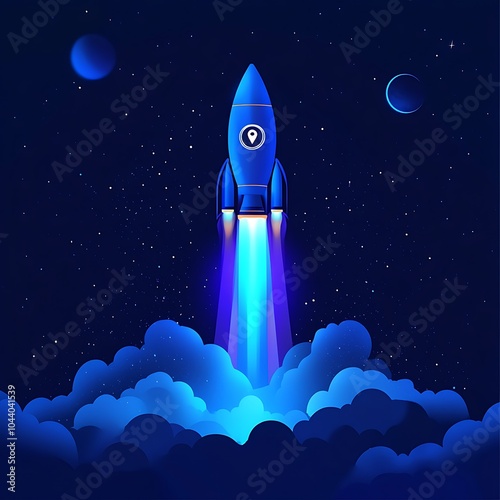 Blue rocket racing through the starry night in vibrant illustration image