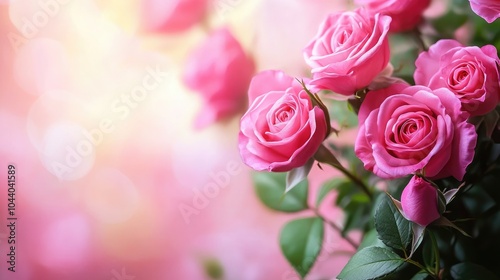 Beautiful pink roses in full bloom against a soft, blurred backdrop, capturing the essence of springtime in a garden setting