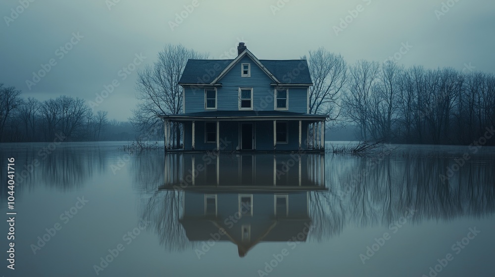 Fototapeta premium Isolated house flooded in calm waters at dusk