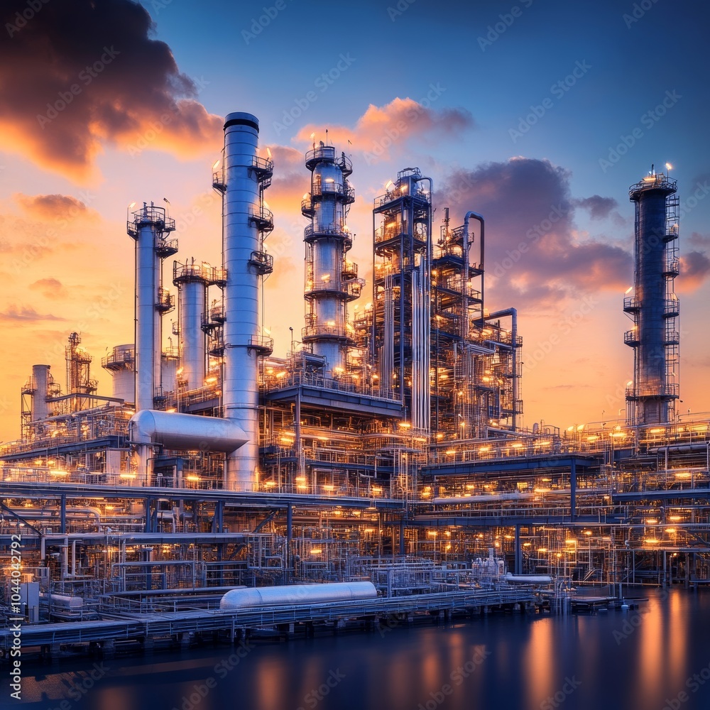 Fototapeta premium Oil Refinery Plant at Sunset, Industrial Background, Petrochemical Factory, Engineering