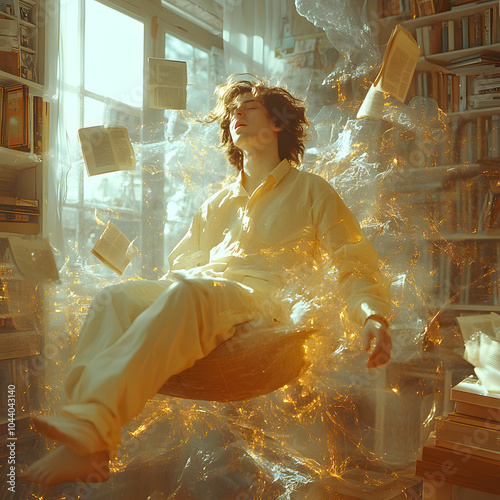  A surreal scene of a person floating in a room where gravity has vanished, surrounded by objects suspended in mid-air, bathed in soft, diffused light and vibrant, unexpected colors that create a drea