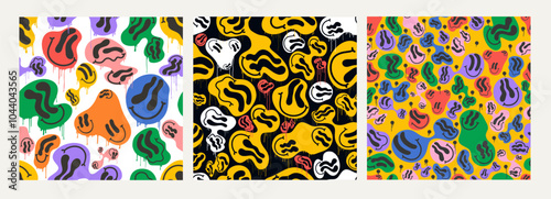 Big set of colorful melting spray smiling faces. Graffiti seamless pattern pastel lava lamp, drug trip, drops, background, wrapping paper. Hand drawn vintage palette. Template abstract vector pattern.