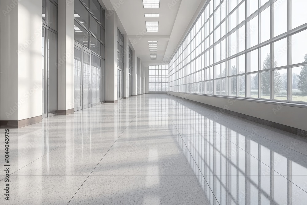 Large, empty hallway with a lot of windows Large, empty hallway with a lot of windows