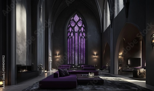 Contemporary Gothic living space featuring a grand tracery window, minimalist furnishings, and atmospheric lighting photo