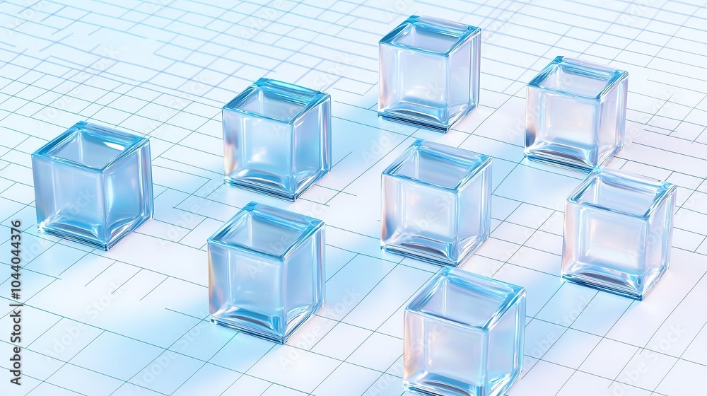 Clear glass cubes arranged in a geometric pattern on a blue grid surface during daytime with soft natural lighting
